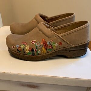 Dansko Brown Clog Shoes with Floral Embroidery